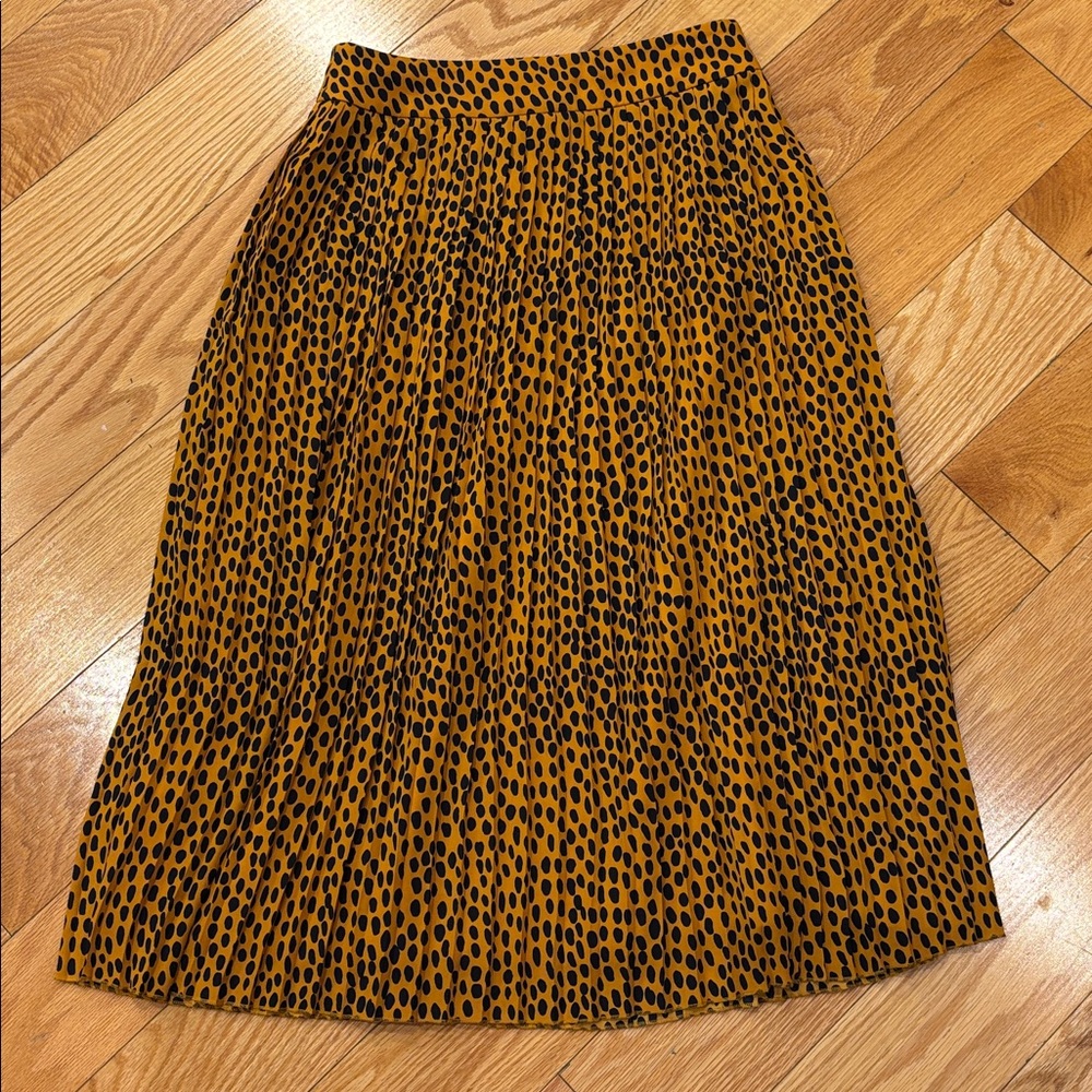 J.Crew Vibrant caramel and black oval polka dot pleated skirt